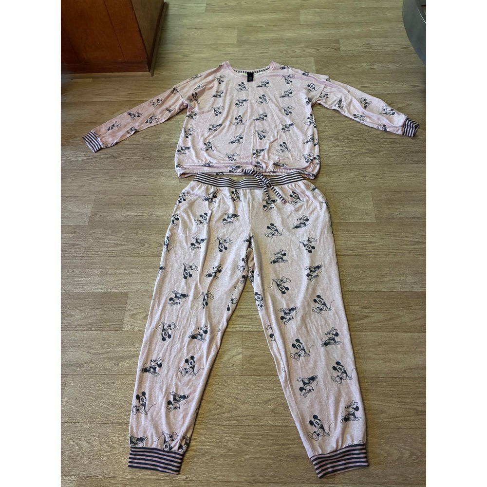 Disney Mickey Mouse Pajama Set Womens Large Pink Long Sleeve Top Joggers 2 Piece